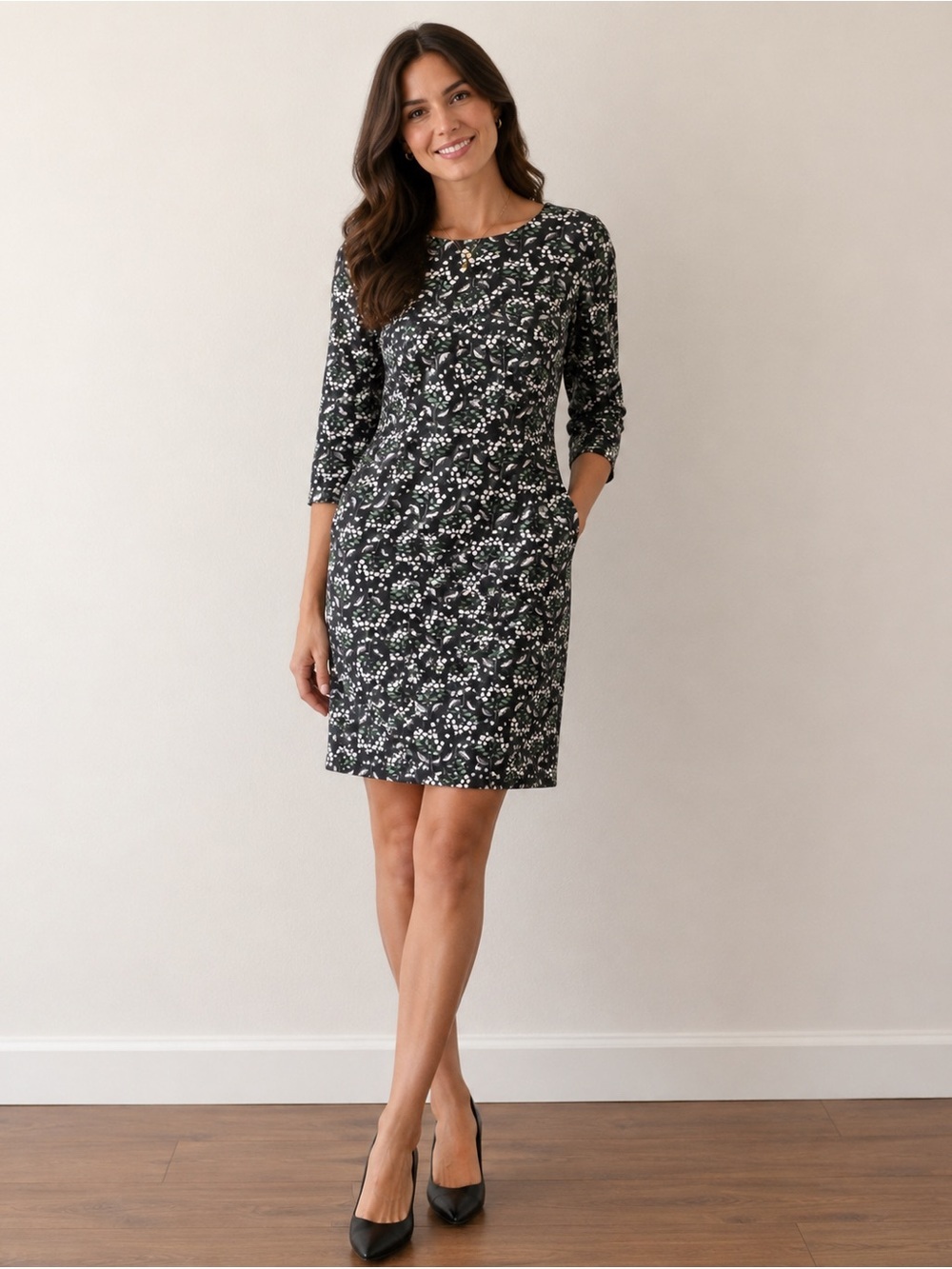 Boden Delia Green & Black Floral Pencil Dress Fluted 3/4 Sleeve Size 10